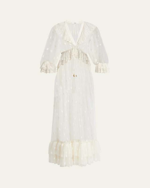 Long Lace Ruffled Drawstring Dress